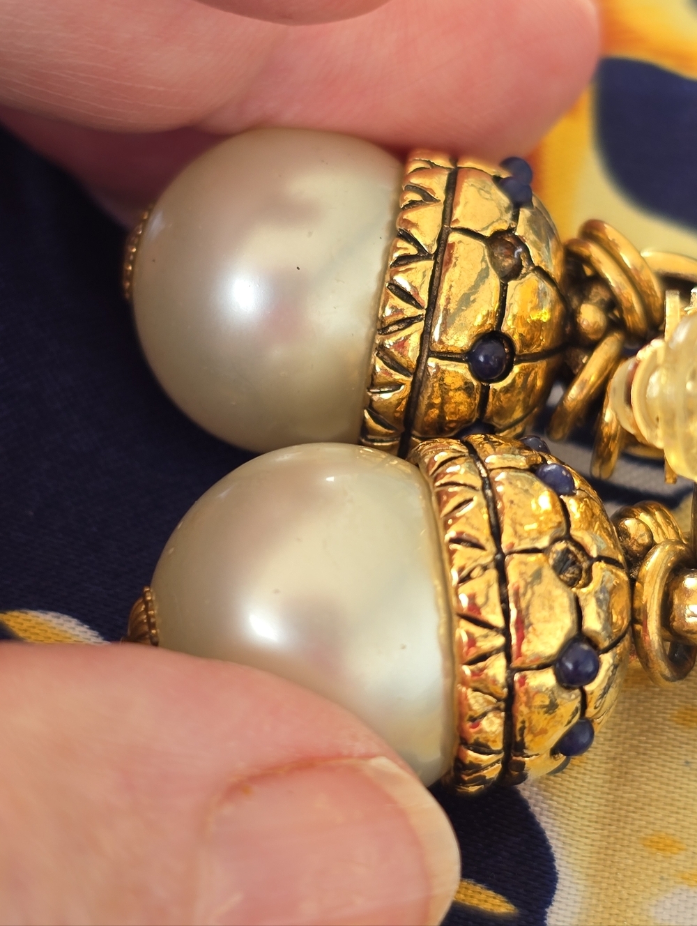 Loewe Vintage Gold-Tone Pearl Drop Clip On 2.25"Earrings with Blue Accents - Picture 6 of 8